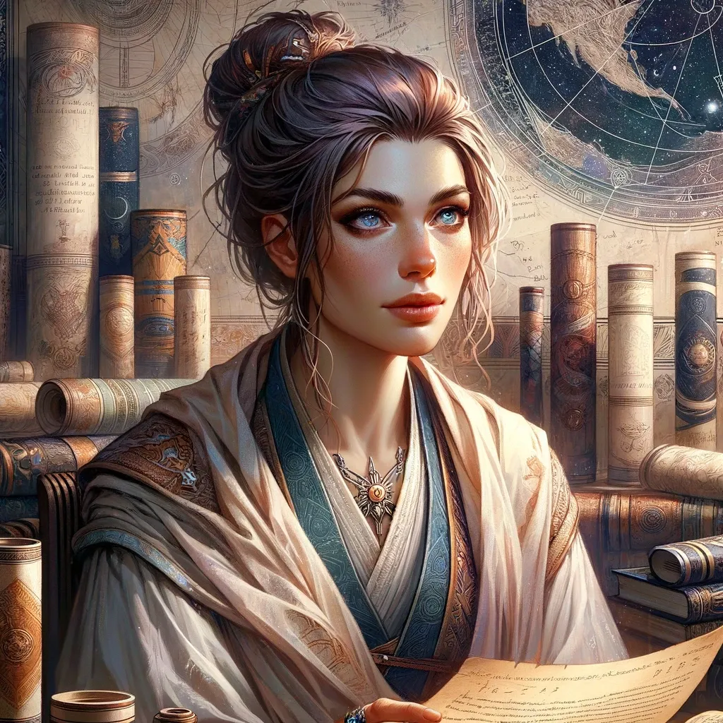 Astrid Starweaver, surrounded by the chronicles of history, shares the tales of ancient civilizations.