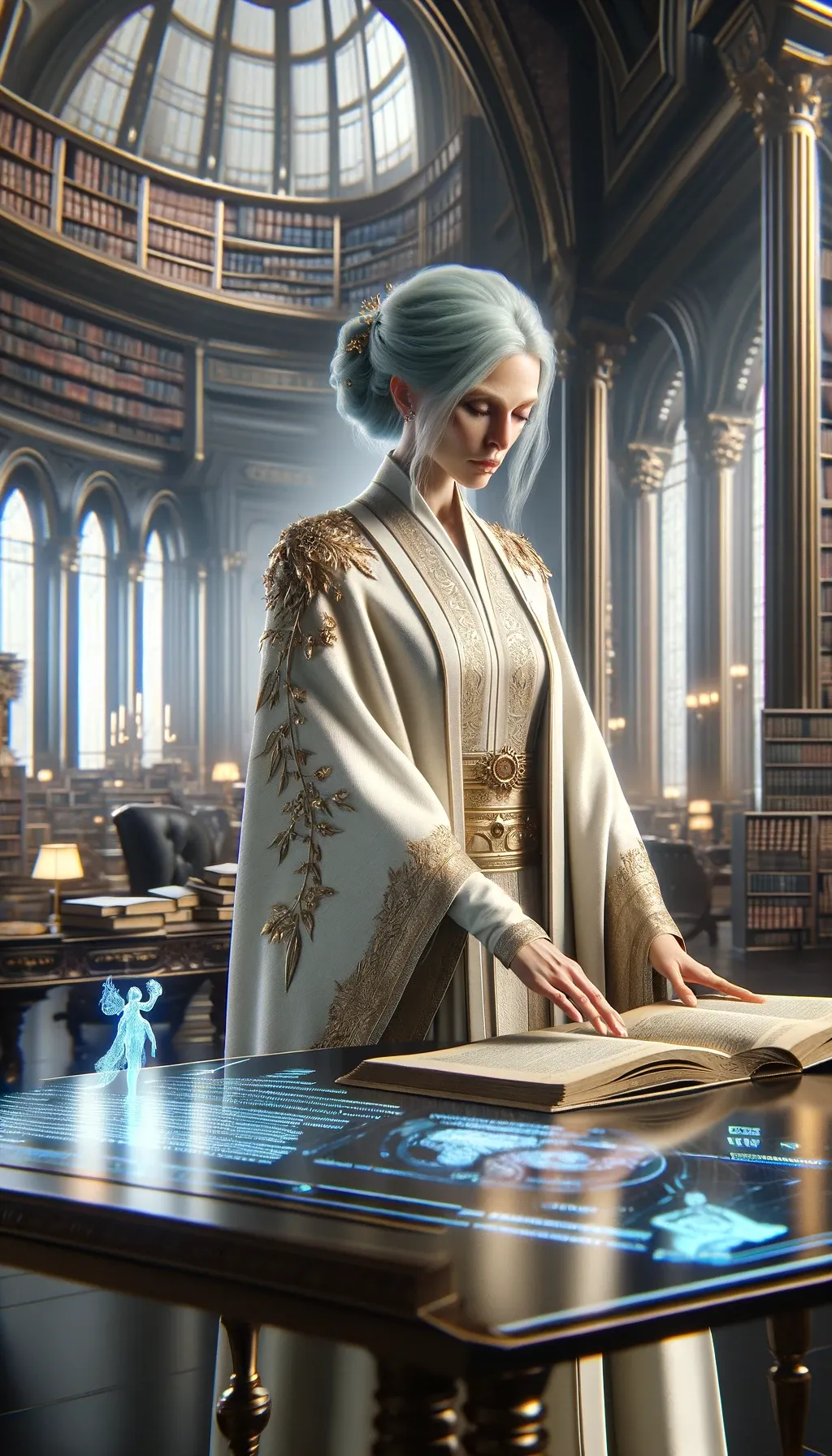 High Chancellor Seraphina Solara in her command center, a vision of wisdom and leadership.