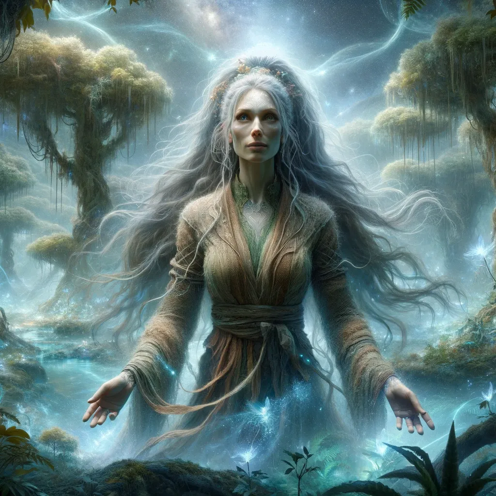 Linara Earthsong amidst a bioluminescent forest, symbolizing her connection with nature.