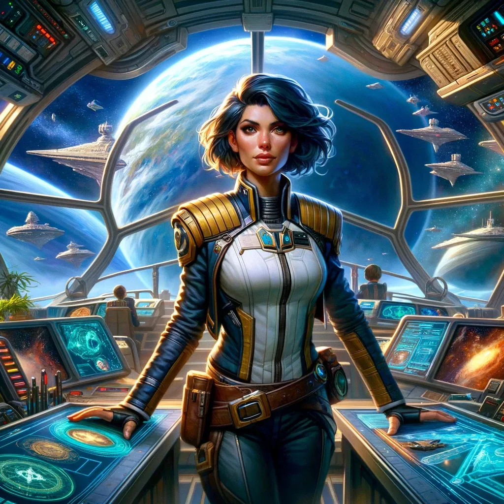 Liora Starweaver on the bridge of the Aria, her spirit of exploration palpable.