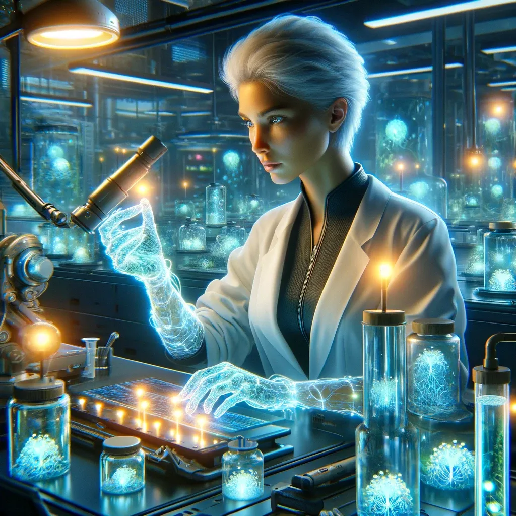 Selene Nightshade in her lab, surrounded by the soft glow of bioluminescent organisms.
