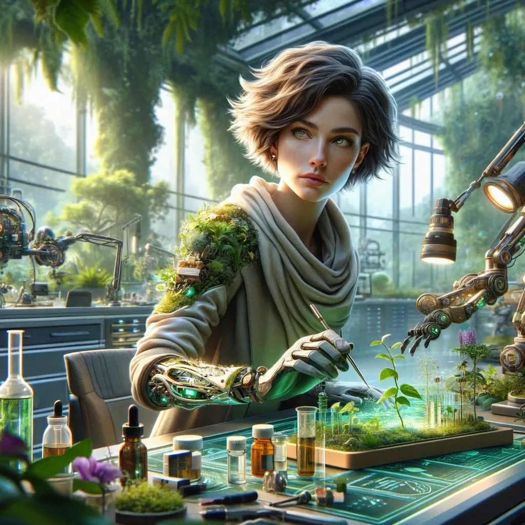 Seraphina Wildsong in her lab, a fusion of nature's beauty and advanced eco-technology.