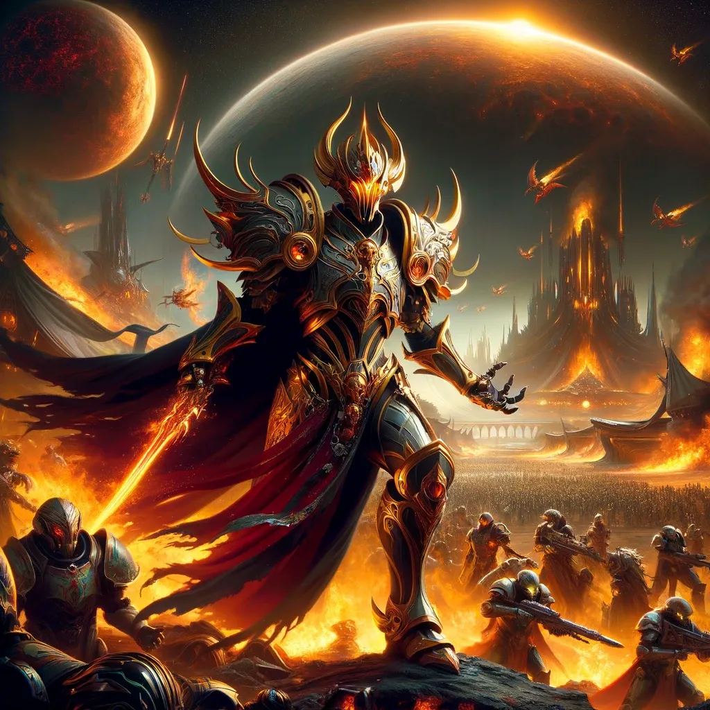 Sirus Duskstrider leading the charge on the fiery planet's battlefield.
