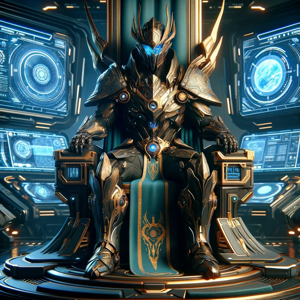 Sirus Duskstrider seated upon his throne, embodying the noble spirit and strategic mind of the Nebula Knights.