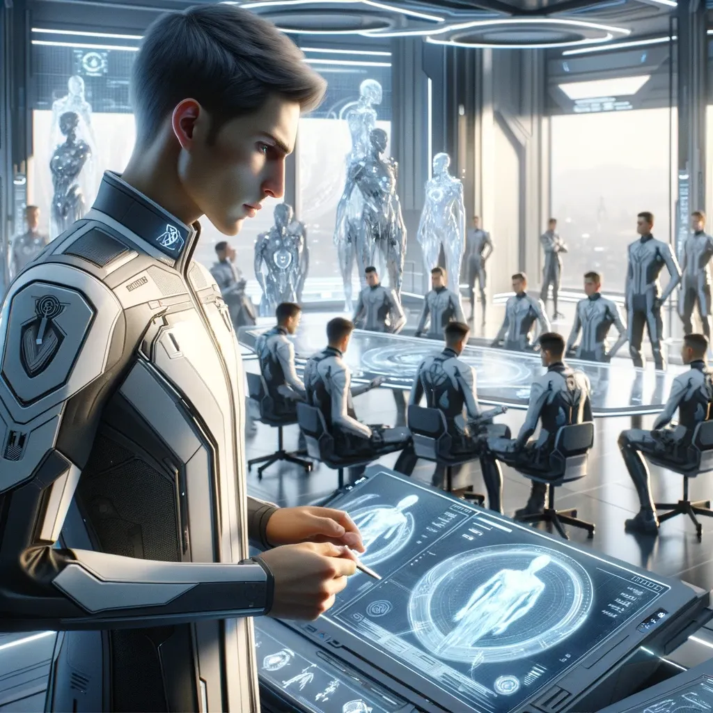 Members of the Celestial Order in a high-tech command center, surrounded by AI and robotics.