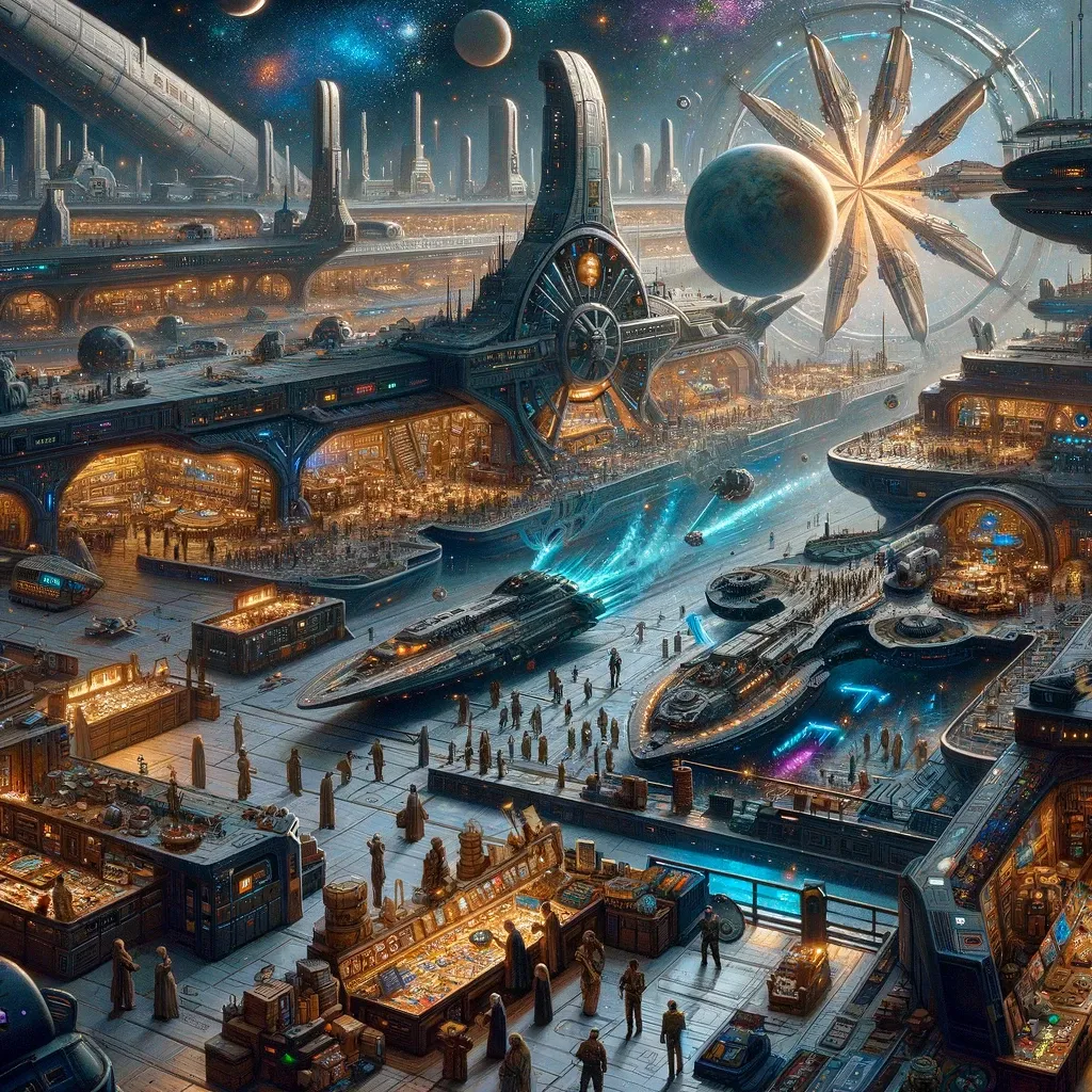 The bustling trade hub of The Cosmico Guild, a testament to their commercial prowess.