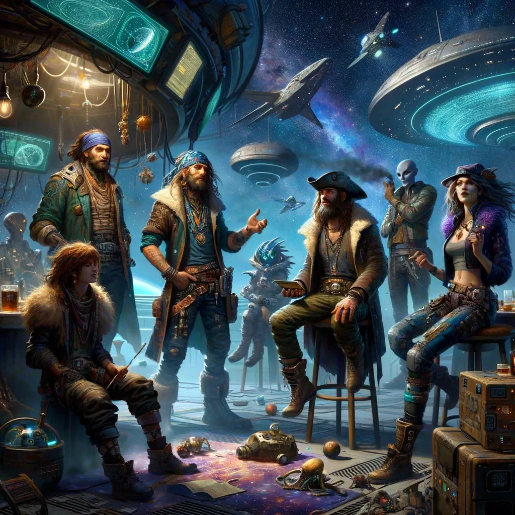 The Void Corsairs in a space tavern, planning their next cosmic adventure.