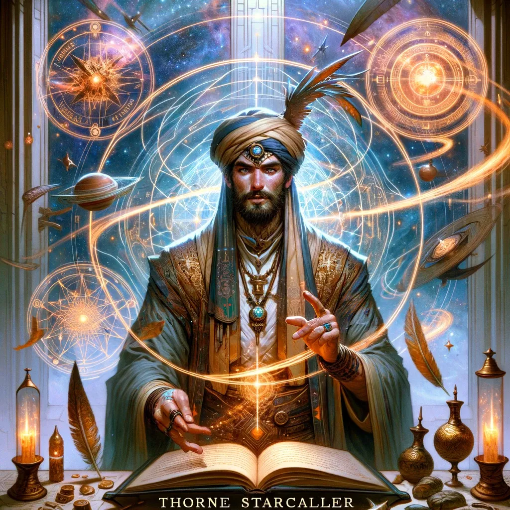 Thorne Starcaller, surrounded by cosmic symbolism, embodies the wisdom of the Star Drifters.